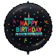 Rođendanski folija balon – s natpisom „Happy Birthday”, s tortom i konfeti, na crnoj podlozi, 46 cm