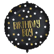 Rođendanski folija balon – s natpisom "Birthday Boy", crno-zlatni sa zvjezdicama, 46 cm