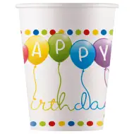 Šarene čaše s natpisom "Sretan rođendan" s balonima, 200 ml, set od 8 komada.